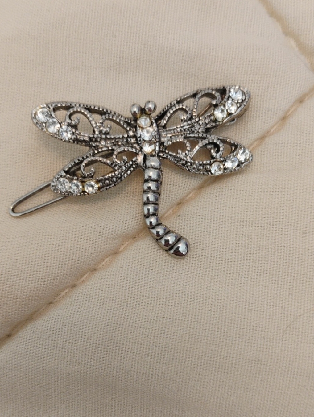 Stamped Sterling Silver Crystal Dragonfly Fly Hair Clip with Rhinestones.
